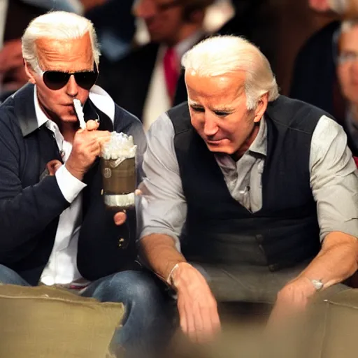 Image similar to stoned tom cruise and stoned joe biden smoking a bong together, award winning candid photography