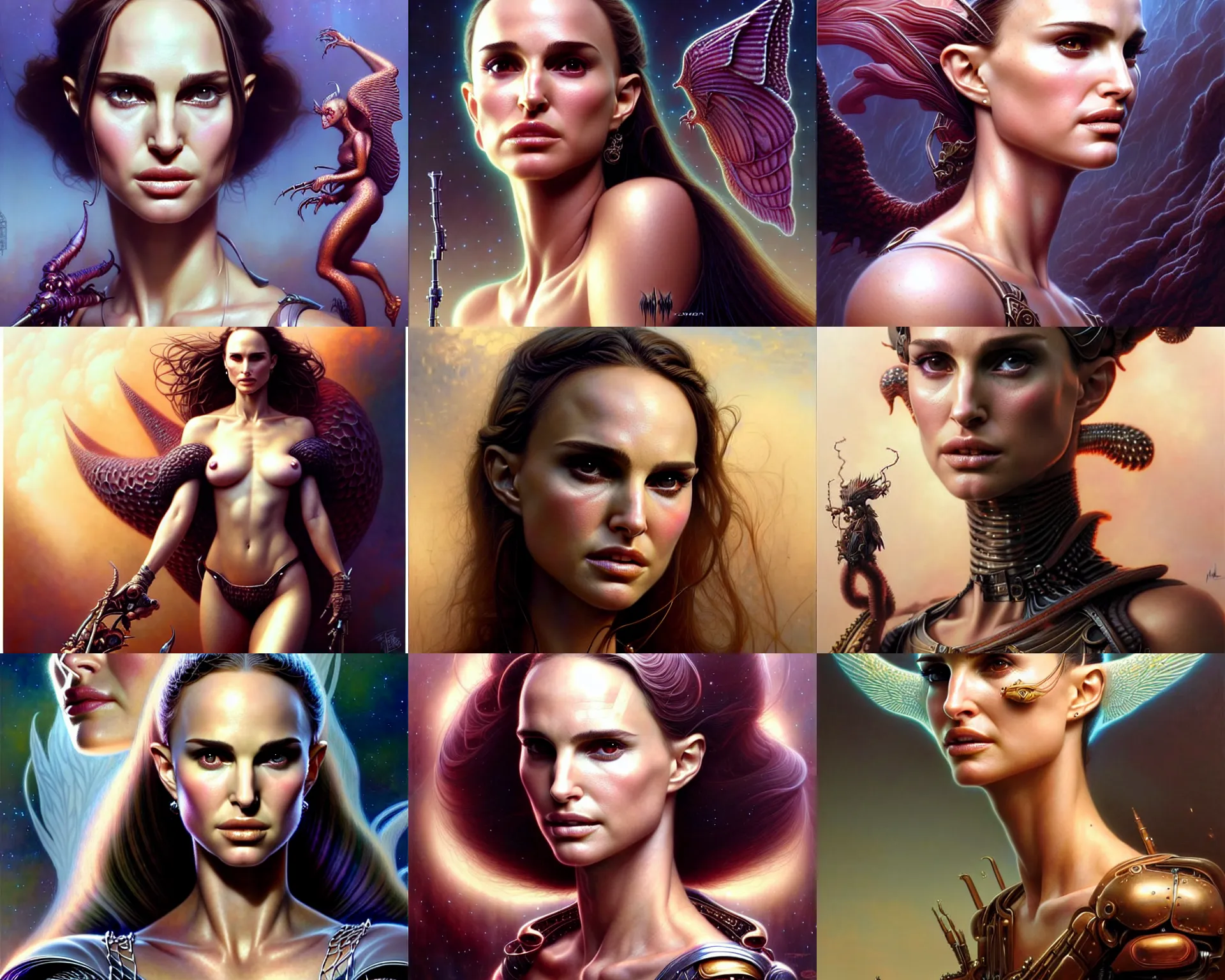 Image similar to beautiful fantasy character portrait, natalie portman mixed with megan fox, ultra realistic, wide angle, intricate details, the fifth element artifacts, highly detailed by peter mohrbacher, hajime sorayama, wayne barlowe, boris vallejo, paolo eleuteri serpieri