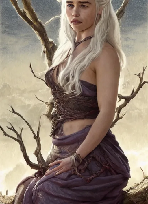 Image similar to Emilia Clarke as Daenerys Targaryen taking a rest under tree after an long adventure, a ruggedly muscled handsome heroine, intricate, elegant, highly detailed, centered, digital painting, artstation, concept art, smooth, sharp focus, illustration, artgerm, donato giancola, Joseph Christian Leyendecker, WLOP, Artgerm, thunder storm