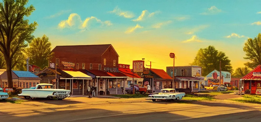 Image similar to concept art of a small rural town in middle America in the 1960s, detailed, Americana, golden hour