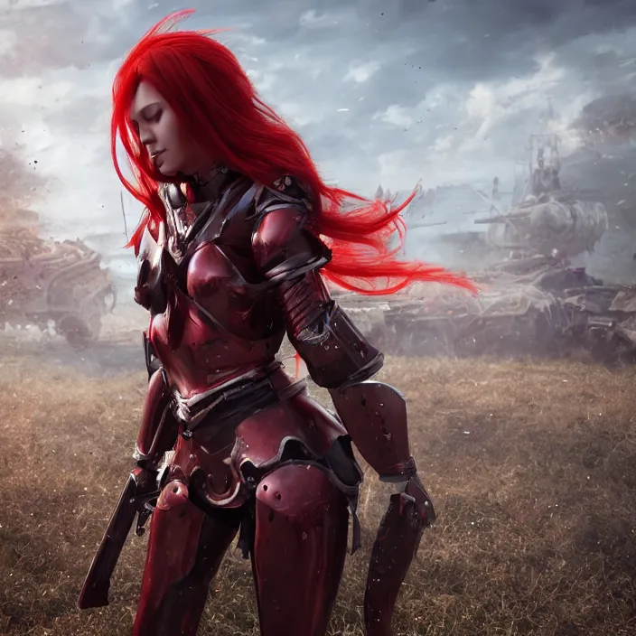 Image similar to a girl with long red hair wearing a red plate armor in a battlefield, 3d render, octane render, unreal engine 5, 8k hdr, hyperrealistic, highly detailed, high quality, concept art, trending on Artstation, full-body armor,