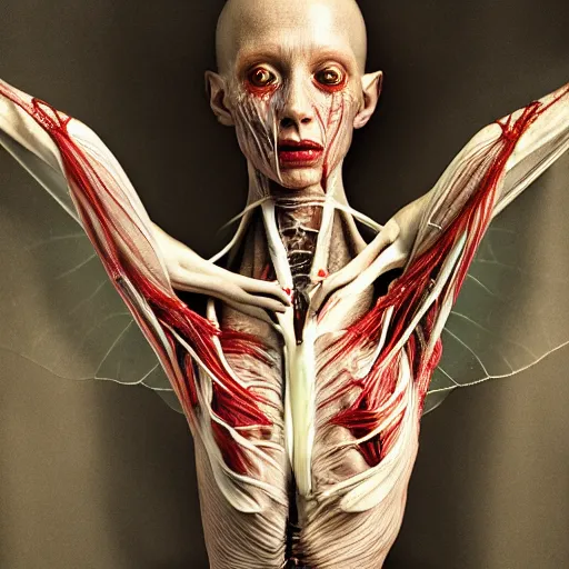 piercing-jay882: female human body chest down with translucent skin,  visible muscles and veins and arteries and bones and nerves,  photorealistic, chiaroscuro, by David Cronenberg, Raphael