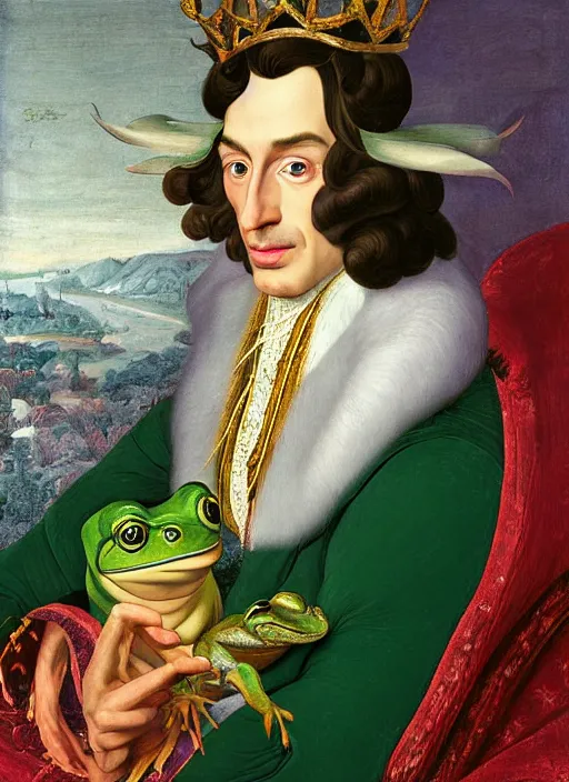 Prompt: close - up portrait of anthropomorphic prince with a head of frog, in a crown, bokeh, blurred space, stars, dreamy, romantic, painting in the museum, highly detailed, sharp focus, digital painting, artwork, by john james audubon by victor adame minguez by yuumei by tom lovell by sandro botticelli
