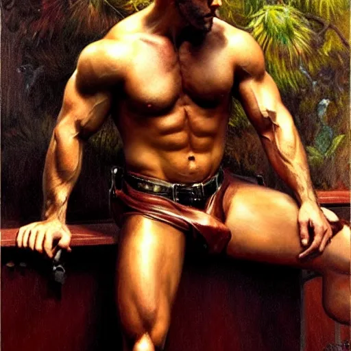 Prompt: muscular ryan reynolds putting on leather pants, painting by gaston bussiere, craig mullins, j. c. leyendecker, tom of finland