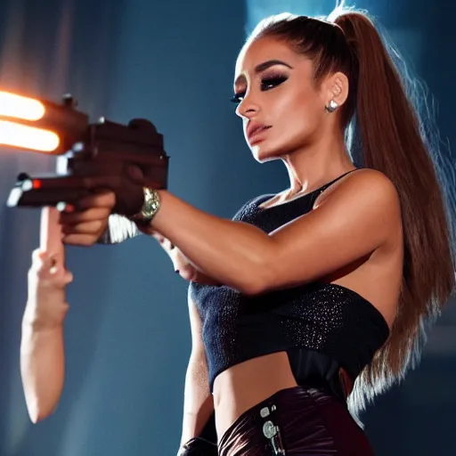 Image similar to Areana Grande with an AK47, cinematic, 4k, HD, dramatic lighting, dynamic camera placement