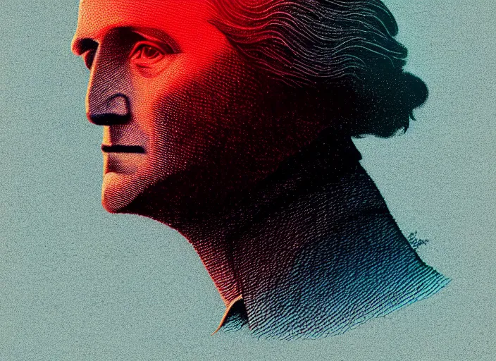 Image similar to illustrated portrait of george washington, colorful, mads berg, karolis strautniekas, christopher balaskas, stippled light, low fog, moody, fine texture, editorial illustration, dramatic lighting, dynamic composition, detailed, matte print, muted color, ( ( victo ngai ) ), wide angle