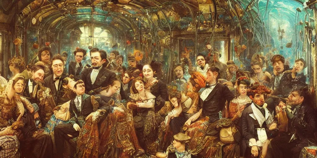 Image similar to detailed colour masterpiece of photography group portrait of people sat down extreme closeup, in the inside of the beautiful underwater crowded train to atlantis, detailed realistic expressions, wearing unusual clothes, by william powell frith