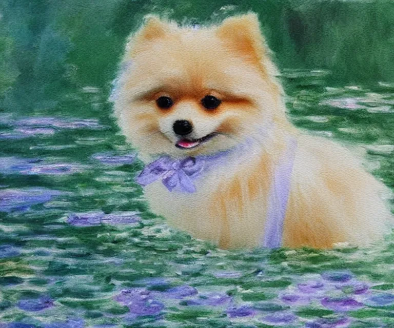 Image similar to pomeranian, cute, monet, water painting