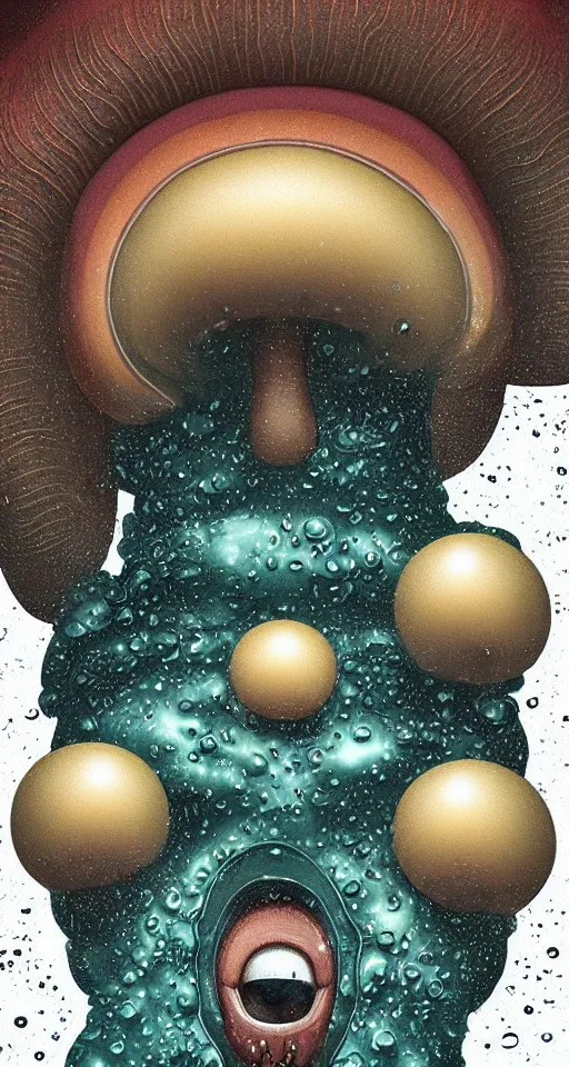 Image similar to art deco close up portait of mushroom head with big mouth surrounded by spheres, rain like a dream digital painting curvalinear fluid lines cinematic dramatic otherworldly vaporwave interesting details epic composition by artgerm basquiat