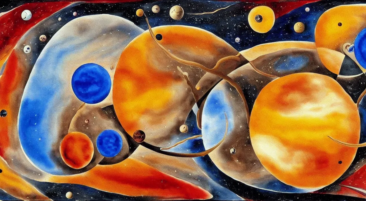 Prompt: painting of planets in a pan looking like a clock in the style of salvador dali