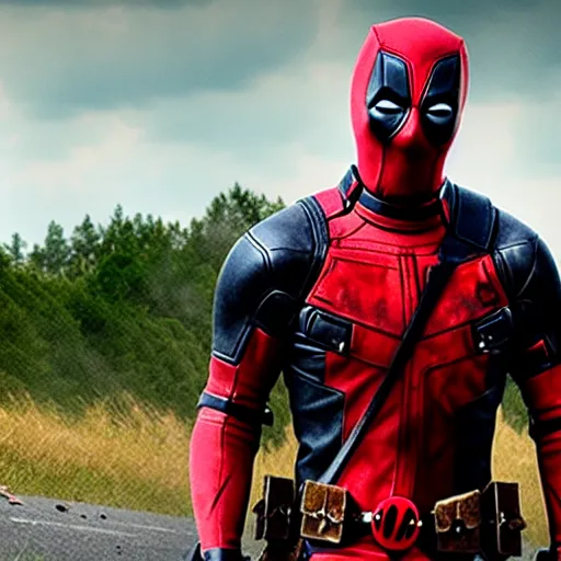 Image similar to deadpool in the walking dead 4 k detailed super realistic