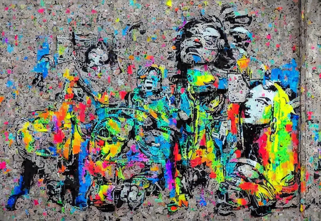 Image similar to full color banksy graffiti with statement of ai art is not art, detailed, realistic, glitch art effect