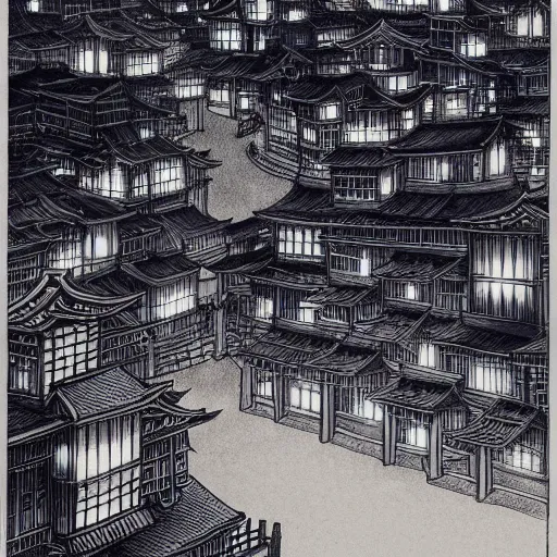 Image similar to a beautiful ink painting of buildings in japanese traditional style, in the style of hiroshi yoshida, at night, light effect, detailed, high - definition, exquisite isolated very detailed, moody lighting, 8 k highly detailed, trending on artstation