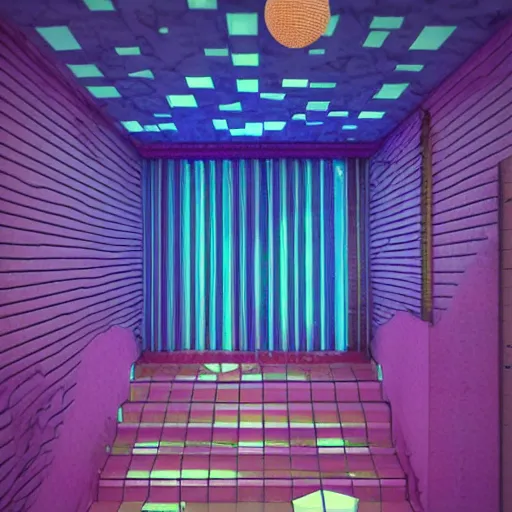 Image similar to a room with a staircase and a disco ball, a 3 d render by mor than, trending on tumblr, crystal cubism, vaporwave, retrowave, synthwave