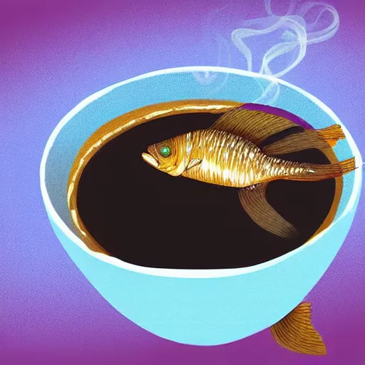 Image similar to a digital painting of a real fish drinking coffee