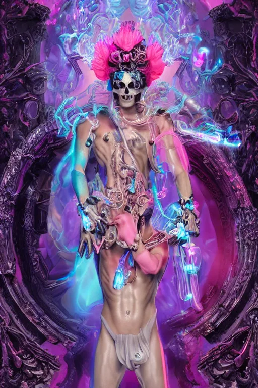 Prompt: photo of full-body rococo and cyberpunk delicate neon crystalline sculpture of ((handsome muscular onyx prince Zayn Malik)) as an blue iridescent humanoid deity wearing ((peach plastic hooded cloak)) (holding an onyx skull) in a onyx castle dungeon, reclining, glowing pink face, crown of (pink lasers), large blue diamonds, swirling black silk fabric. futuristic elements. oozing glowing liquid, full-length view. space robots. intricate artwork by caravaggio. Trending on artstation, octane render, cinematic lighting from the right, hyper realism, photorealistic, octane render, 8k, depth of field, 3D