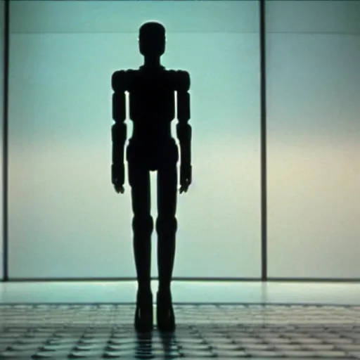 Image similar to movie scene of a android, half human half robot, movie still, cinematic composition, cinematic light, criterion collection, reimagined by industrial light and magic, Movie by David Lynch and Ridley Scott