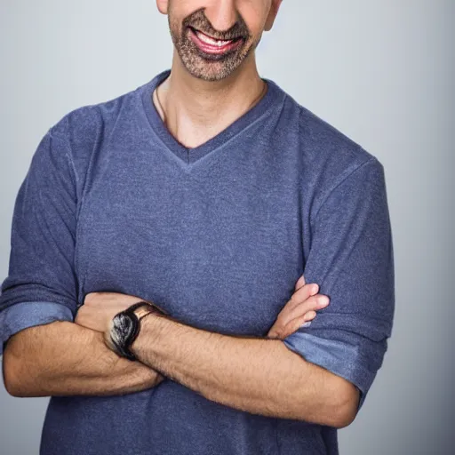 Prompt: a high-quality studio portrait of Ross Geller, his teeth glowing white, 90mm, f/1.4