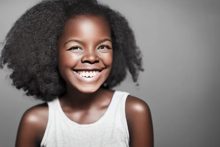 Image similar to still photo of an african american girl smiling at the camera on the street, black and white color aesthetic, highly detailed, photorealistic portrait, bright studio setting, studio lighting, crisp quality and light reflections, unreal engine 5 quality render