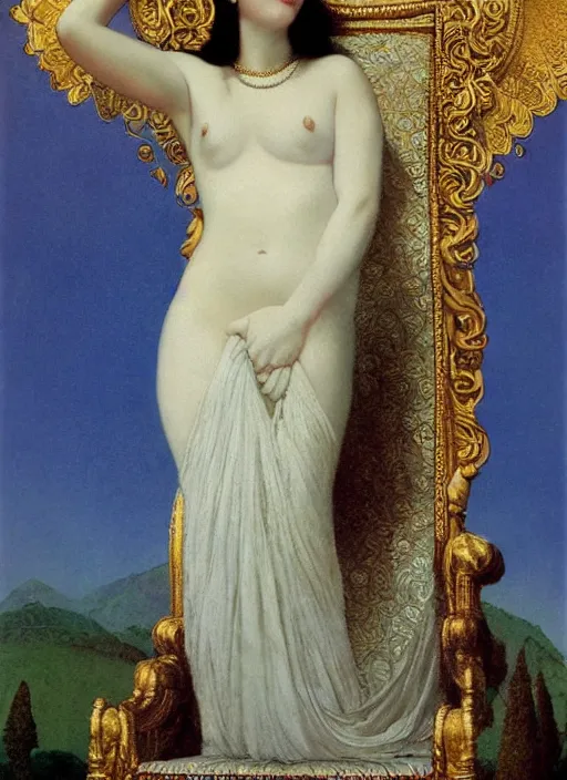 Prompt: an oil painting a queen with dark hair and white fair skin standing on a throne by maxfield parrish, highly detailed, realistic, realism, oil painting, 1 9 th