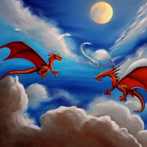 Prompt: dragons reimagined flying over the clouds. painting