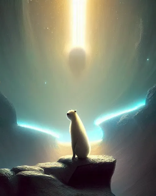 Prompt: a white capybara on delta halo ring, beautiful, agile, fairy, myth, legend, detailed, trending on artstation, light effects, kilian eng, john harris, bastien lecouffe - deharme