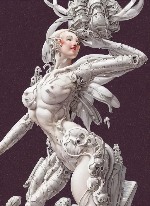 Image similar to stunning intricate render white veined marble simplified mechangel mecha demon falling angel Bernini pin-up cut cracked rock by Gil Elvgren, Katsuhiro Otomo, Greg Tocchini, Tomer Hanuka, Hiroshi yoshida, Alphonse Mucha, Kintsugi, trending artstation, hyperrealism, matte painting, very fine detail, 8k, rendered in Octane