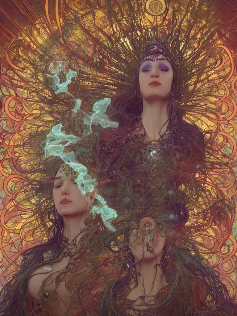 Prompt: an ancient mystical alluring female shaman generating flowing energy and surrounded by wisps of incense smoke sits meditating in a magical cybernetic robot temple , face face face, by android jones and alphonse mucha, 3d, cinema 4d render, trending on artstation