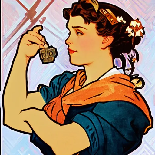 Image similar to a portrait of Rosie the riveter by Alphonse Mucha, art nouveau card, concept art, wlop, trending on artstation, 8k