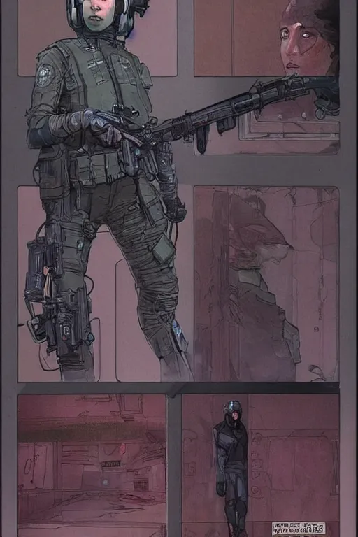 Prompt: zazie the ghost. blackops mercenary in near future tactical gear and cyberpunk headset. Blade Runner 2049. concept art by James Gurney and Mœbius.