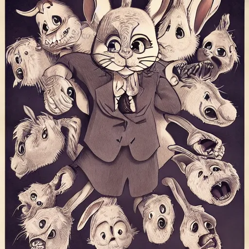 Prompt: A extremely highly detailed majestic hi-res beautiful, highly detailed portrait of a scary terrifying cartoon rabbit in the style of 1960's Walt Disney animations