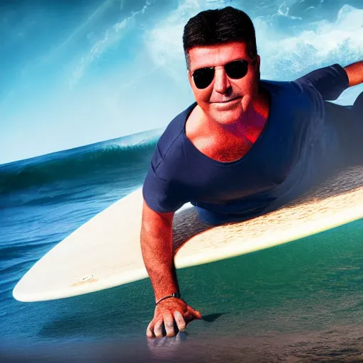 Prompt: photorealistic simon cowell surfing. hyperdetailed photorealism, 1 0 8 megapixels, amazing depth, high resolution, 3 d shading, 3 d finalrender, 3 d cinematic lighting, glowing rich colors, psychedelic overtones, artstation concept art.