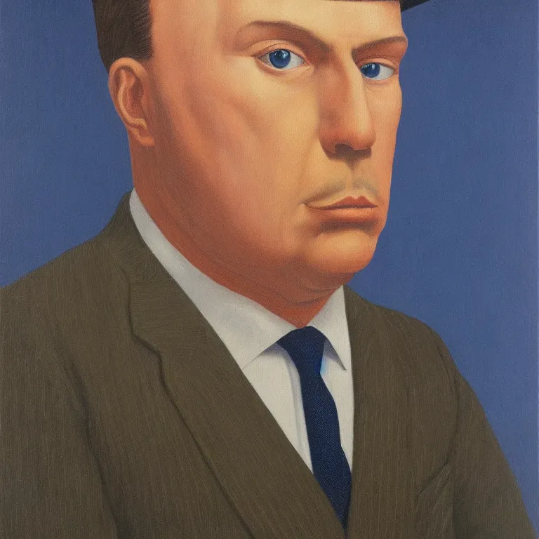 Prompt: portrait of man in a suit with covered head by rene magritte, detailed painting, hd, hq, high resolution, high detail, 4 k, 8 k