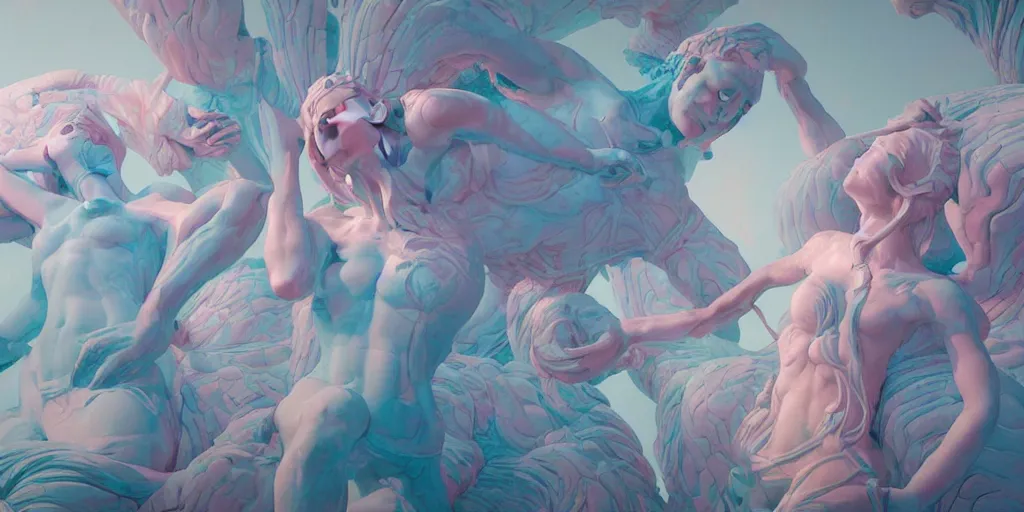 Prompt: greek sculpture of closely intertwined bodies painted by james jean in pastel colors. artwork by Tooth Wu and wlop and beeple and dan mumford and greg rutkowski and nekroxiii. halo. octane render, cinematic, hyper realism, octane render, 8k, depth of field, bokeh. iridescent accents. vibrant.