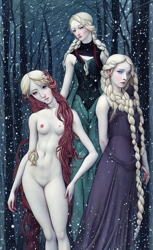 Image similar to allegory of Winter, as 3 figures, (Representing the 3 months of December, January, and February), in a mixed style of Botticelli and Æon Flux, inspired by pre-raphaelite paintings, shoujo manga, and Harajuku street fashion, sparse frozen landscape, dark and moody colors, hyper detailed, super fine inking lines, dramatic lighting, 4K photorealistic