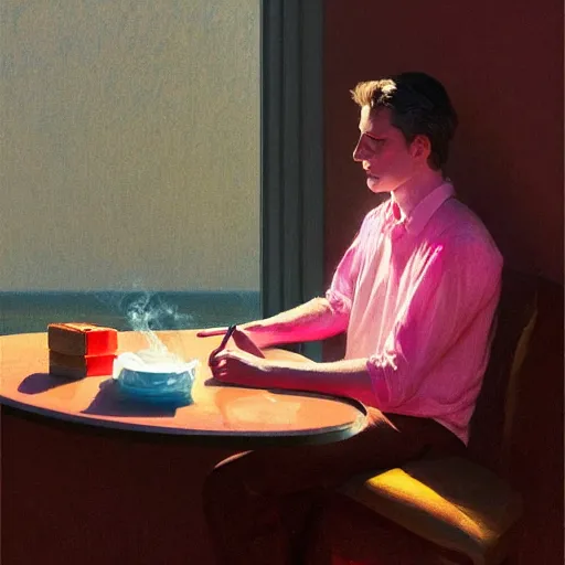 Image similar to painted portrait of wolf wearing pink shirt and smoking, intricate, digital painting, artstation, concept art, smooth, sharp focus, illustration, art by jean giraud, edward hopper, gaston bussiere and greg rutkowski