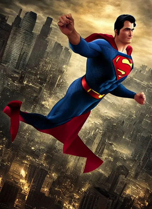 Prompt: “Tired Superman flying over destroyed city with, very old wrinkled face, bald head. Dark, photorealistic.”