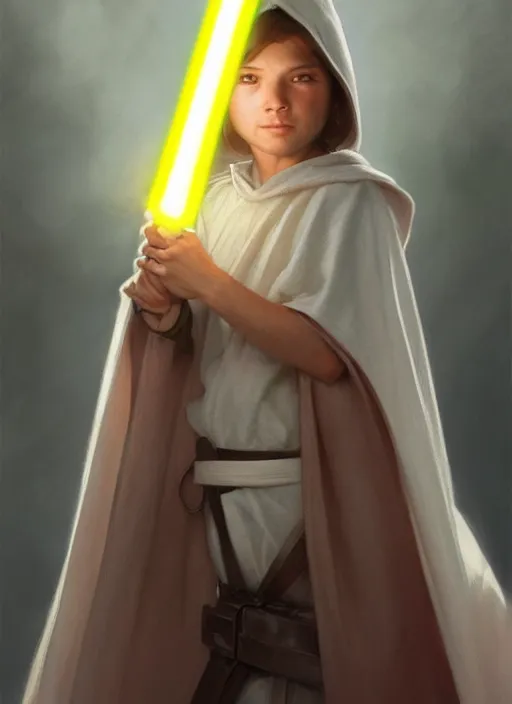 Image similar to perfectly - centered - portrait of a kid wearing white cloak holding light saber, intricate, highly detailed, digital painting, artstation, concept art, smooth, sharp focus, illustration, unreal engine 5, 8 k, art by artgerm and greg rutkowski and alphonse mucha