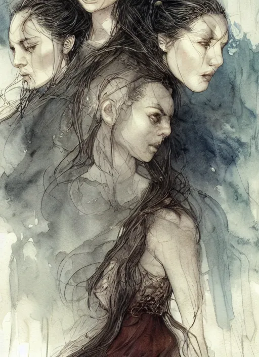 Image similar to portrait, the three sisters of fate, watercolor, dramatic lighting, cinematic, establishing shot, extremely high detail, foto realistic, cinematic lighting, pen and ink, intricate line drawings, by Yoshitaka Amano, Ruan Jia, Kentaro Miura, Artgerm, post processed, concept art, artstation, matte painting, style by eddie mendoza, raphael lacoste, alex ross