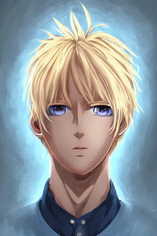 Image similar to male anime character, blonde hair, luminescent blue eyes, symmetrical, highly detailed, digital art, sharp focus, trending on art station, blue eyes, autumnal colours