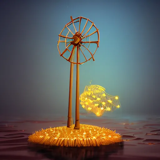 Image similar to tiny wooden windmill, floating, rbc, radiolaria, protophyta, micro - organisms, center frame, symmetric, rim light, marine microbiology, bioluminescence, electric, soft, concept art, intricate details, highly detailed, colorful, photorealistic, disney pixar, octane render, iridescent, anime, 8 k