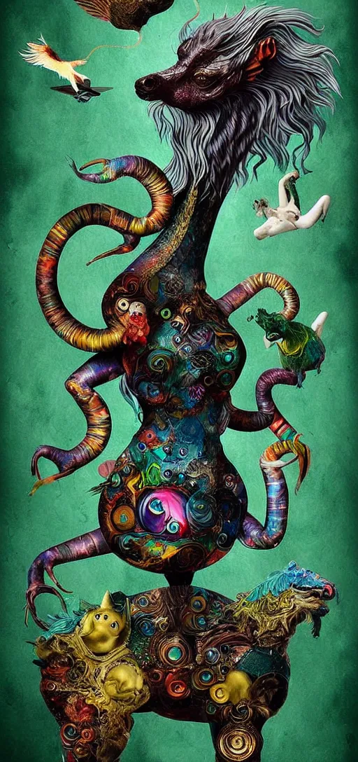 Image similar to strange mythical beasts of whimsy, surreal dark uncanny mixed media colllage by ronny khalil