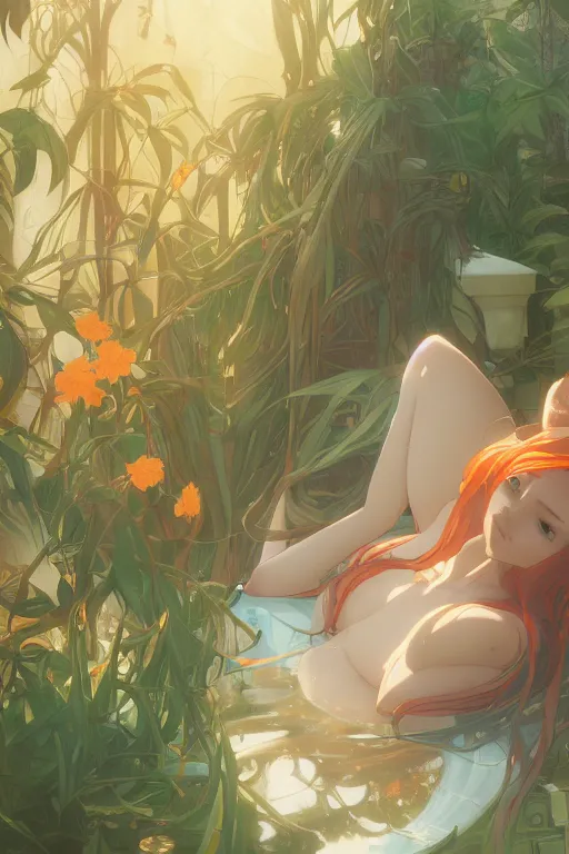 Image similar to a girl with long white hair lying in a bathroom bath at afternoon, plants, green and orange theme by krenz cushart and mucha and makoto shinkai and akihito yoshida and greg rutkowski, 4 k resolution