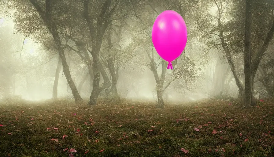 Prompt: A bright pink balloon shaped like a unicorn floats lonely through a dark foggy Forest, Digital Art, Photorealism, Hyper Realistic, Hyperdetailed, Movie Screenshot, iMAX Quality