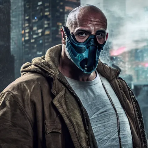 Image similar to bane as a cyberpunk character, 4k, high detail, high-resolution photograph, professional photography, ultra-detail