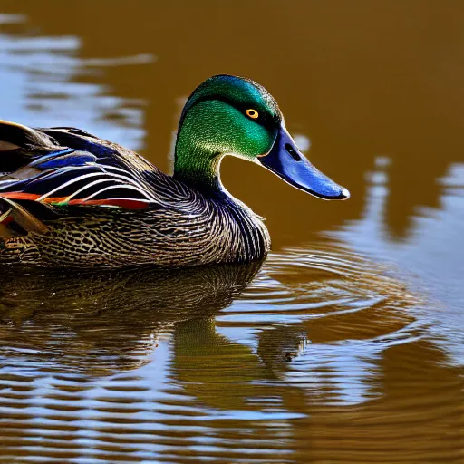 Prompt: a photo of a mallard wearing golden jewelry, necklace