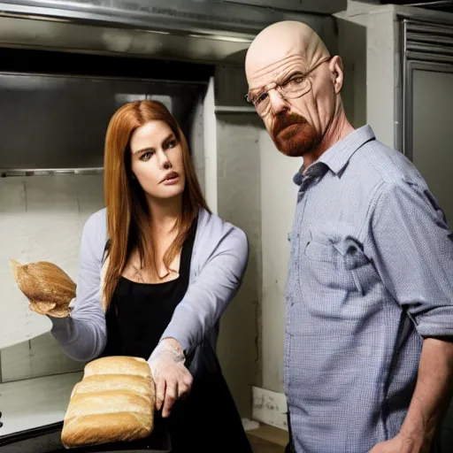 Prompt: alexandria dadario and walter white bake bread