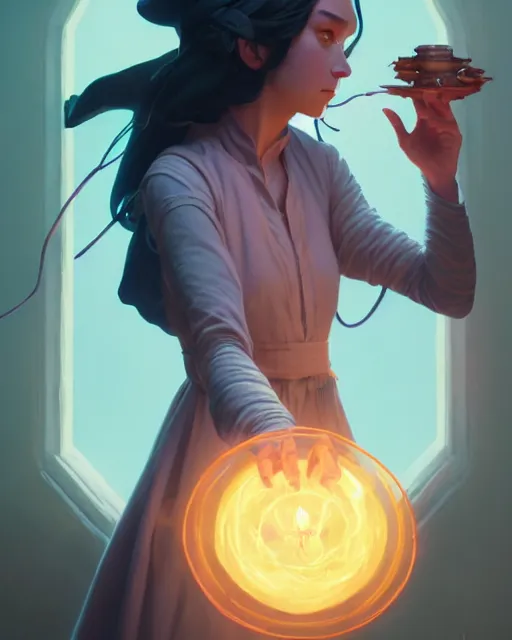 Image similar to highly detailed vfx portrait of a witch casting light magic, unreal engine, greg rutkowski, loish, rhads, beeple, makoto shinkai and lois van baarle, ilya kuvshinov, rossdraws, tom bagshaw, alphonse mucha, global illumination, detailed and intricate environment