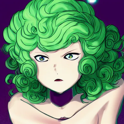 Prompt: tatsumaki from one punch man, green curly hair, digital art, ufotable, trending on pixiv