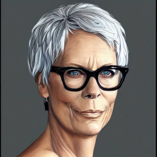 Prompt: jamie lee curtis, tired, intelligent, powerful, white hair, loving eyes, fully clothed, wise, beautiful, by stanley artgerm, soft lighting, trending on artstation, flat colour, geometric curves